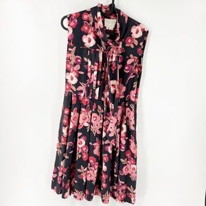 Kate Spade 100% Silk Black And Pink Floral SHADOW BUDS Pleated Dress SIZE 8